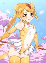 Rule 34 | 10s, 1girl, animal ears, armpits, bangle, bare shoulders, blonde hair, blush, bracelet, breasts, brown eyes, brown hair, circlet, covered erect nipples, covered navel, elbow gloves, gloves, golden snub-nosed monkey (kemono friends), gradient hair, high ponytail, highres, holding, holding staff, jewelry, kemono friends, leotard, long hair, looking at viewer, monkey ears, monkey tail, multicolored hair, niko (tama), open mouth, orange hair, orange thighhighs, ponytail, skirt, small breasts, smile, solo, staff, tail, thighhighs