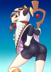 Rule 34 | 10s, 1girl, :o, alternate costume, aqua background, ass, black hair, blue background, blush, bodysuit, boots, buckle, buttons, cameltoe, clenched hand, fake horns, from side, gloves, gradient background, hair between eyes, hand on own hip, helmet, highres, holding, holding staff, horned helmet, horns, knee boots, kono subarashii sekai ni shukufuku wo!, large buttons, leaning forward, legs apart, looking at viewer, looking back, megumin, orb, parted bangs, parted lips, poncho, profile, red eyes, red scarf, scarf, short hair with long locks, sidelocks, skin tight, solo, staff, standing, tassel, umachoko, unitard
