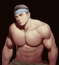 Rule 34 | 1boy, abs, bara, bare pectorals, headband, highres, large pectorals, looking at viewer, male focus, muscular, muscular male, navel, nipples, one eye closed, original, pectorals, saolin (wudangx), short hair, solo, stomach, topless male