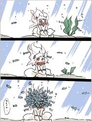 Rule 34 | 10s, 1girl, abyssal ship, colored skin, comic, dress, female focus, fish, horns, ikaasi, kantai collection, long hair, mittens, northern ocean princess, seaweed, sitting, translation request, underwater, white dress, white hair, white skin