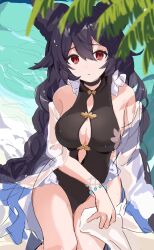 Rule 34 | 1girl, absurdres, black hair, black one-piece swimsuit, braid, breasts, casual one-piece swimsuit, cleavage, cleavage cutout, clothing cutout, erune, etoria, frilled one-piece swimsuit, frills, granblue fantasy, highres, long hair, medium breasts, monokini, nier (granblue fantasy), nier (lover by the lily lake) (granblue fantasy), official alternate costume, one-piece swimsuit, red eyes, sideboob, solo, swimsuit, twin braids, very long hair