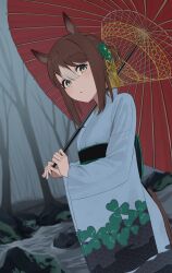 Rule 34 | 1girl, alternate costume, animal ears, brown hair, cidersour, clover hair ornament, dutch angle, fine motion (umamusume), floral print, from below, from side, green eyes, hair between eyes, hair bun, hair ornament, hair ribbon, highres, holding, holding umbrella, horse ears, horse girl, horse tail, japanese clothes, kimono, looking at viewer, multicolored hair, oil-paper umbrella, ribbon, sidelocks, single hair bun, solo, tail, two-tone hair, umamusume, umbrella, white hair, white kimono