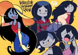 Rule 34 | 1girl, absurdres, adventure time, black hair, breasts, character name, colored skin, elbow gloves, from behind, gloves, grey skin, grin, highres, jacket, letterman jacket, long hair, looking at viewer, marceline abadeer, medium breasts, mixed-language commentary, musical note, pointy ears, rariatto (ganguri), smile, speech bubble, spoken musical note, vampire, very long hair
