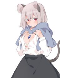 Rule 34 | 1girl, ahoge, akagashi hagane, animal ears, black skirt, blue capelet, blush, bra, bra peek, breasts, capelet, cleavage, closed mouth, cowboy shot, dress shirt, eyes visible through hair, from side, grey hair, hair between eyes, half-closed eyes, hands on own chest, hands up, head down, high-waist skirt, jewelry, long sleeves, looking at viewer, medium breasts, mouse ears, mouse tail, nazrin, negative space, open clothes, open shirt, partially unbuttoned, pendant, red eyes, shirt, short hair, shy, simple background, skirt, solo, tail, touhou, unbuttoned, unbuttoned shirt, underwear, white background, white shirt