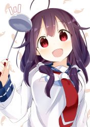 Rule 34 | 10s, 1girl, :d, ^^^, ahoge, breasts, kantai collection, ladle, long hair, long sleeves, looking at viewer, low twintails, muku (muku-coffee), open mouth, purple hair, red eyes, school uniform, serafuku, simple background, smile, taigei (kancolle), twintails, whale