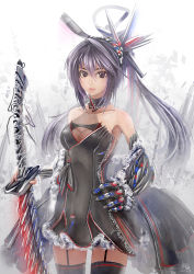 Rule 34 | 1girl, bare shoulders, bow, bridal gauntlets, cleavage cutout, clothing cutout, detached collar, garter straps, gloves, glycyrrhizae, great firewall, hair bow, hair ornament, hand on own hip, lipstick, long hair, makeup, original, personification, product girl, purple eyes, purple hair, signature, single glove, solo, sword, thighhighs, weapon