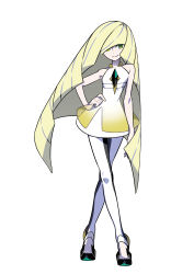 Rule 34 | 10s, 1girl, absurdres, bare arms, blonde hair, blue hair, commentary, creatures (company), crossed legs, diamond (gemstone), dress, empty eyes, full body, game freak, gem, green eyes, green gemstone, hair over one eye, hand on own hip, highres, long hair, looking at viewer, lusamine (pokemon), mature female, multicolored hair, nail polish, nintendo, official art, pantyhose, pokemon, pokemon sm, see-through, shoes, short dress, simple background, sleeveless, sleeveless dress, smile, solo, standing, streaked hair, sugimori ken, take (illustrator), toe cleavage, transparent background, very long hair, watson cross, white background, white pantyhose, yellow nails