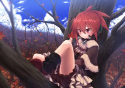 Rule 34 | 1girl, autumn leaves, cloud, day, forest, holding, in tree, mizunashi (second run), nature, original, red eyes, red hair, scenery, sitting, sitting in tree, solo, tree
