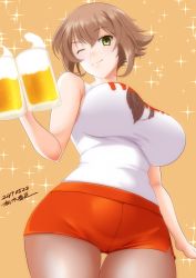 Rule 34 | 1girl, alcohol, alternate costume, artist name, beer, beer mug, breasts, brown background, brown hair, cup, dated, employee uniform, flipped hair, from below, green eyes, highres, holding, holding cup, hooters, kantai collection, kiriki haruomi, large breasts, looking at viewer, looking down, mug, mutsu (kancolle), one eye closed, orange background, pantyhose, short hair, short shorts, shorts, simple background, smile, solo, sparkle background, uniform, upper body