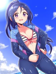 Rule 34 | 1girl, bikini, bikini under clothes, blue hair, bodysuit, breasts, cleavage, cloud, cougar (cougar1404), diving suit, front-tie bikini top, front-tie top, hand on own hip, large breasts, long hair, looking at viewer, love live!, love live! sunshine!!, matsuura kanan, navel, open bodysuit, open clothes, open mouth, ponytail, purple eyes, smile, solo, striped bikini, striped clothes, swimsuit, swimsuit under clothes, unzipping, wetsuit, zipper pull tab