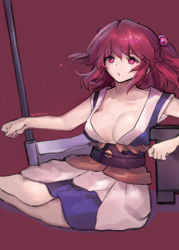 Rule 34 | 1girl, ainy, bad id, bad pixiv id, breasts, cleavage, hair bobbles, hair ornament, large breasts, onozuka komachi, red background, red hair, scythe, simple background, sitting, sketch, solo, touhou, twintails, two side up