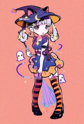 Rule 34 | 1girl, animal ears, black footwear, blunt bangs, breasts, broom, cat ears, crescent, crescent hair ornament, dress, full body, ghost, grey hair, hair ornament, halloween costume, hat, highres, holding, holding broom, kiato, long hair, looking at viewer, open mouth, orange background, orange eyes, original, purple dress, purple hat, shoes, sidelocks, signature, simple background, skirt hold, small breasts, solo, standing, star (symbol), star hair ornament, striped clothes, striped thighhighs, thighhighs, twintails, witch, witch hat
