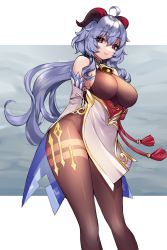 Rule 34 | 1girl, absurdres, ahoge, bell, black pantyhose, blue hair, blush, bodystocking, breasts, closed mouth, ganyu (genshin impact), genshin impact, highres, horns, large breasts, lips, long hair, looking at viewer, neck bell, nemuaki, pantyhose, purple eyes, sideboob, smile, solo