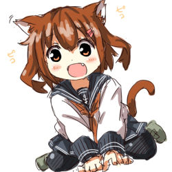 Rule 34 | 10s, 1girl, animal ears, brown eyes, brown hair, cat ears, cat tail, clothes pull, darkside, fang, hair ornament, hairclip, ikazuchi (kancolle), kantai collection, kemonomimi mode, neckerchief, open mouth, pantyhose, pantyhose pull, red neckerchief, school uniform, serafuku, short hair, sitting, sketch, skirt, smile, solo, tail, wariza