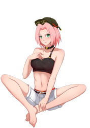 Rule 34 | 1girl, absurdres, alternate costume, bare arms, bare legs, bare shoulders, barefoot, black choker, black hat, blush, breasts, choker, closed mouth, collarbone, full body, green eyes, hair intakes, haruno sakura, hat, heart, heart choker, highres, indian style, looking at viewer, medium breasts, midriff, naruto (series), naruto shippuuden, navel, pink hair, red lips, seisen, short hair, short shorts, shorts, simple background, sitting, solo, stomach, white background, white shorts
