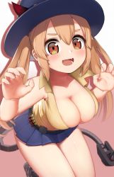 Rule 34 | 1girl, absurdres, bad id, bad pixiv id, blonde hair, blush, breasts, cleavage, demon horns, fangs, girls&#039; frontline, hair between eyes, hat, highres, horns, large breasts, long hair, looking at viewer, m870 (girls&#039; frontline), mechanical tail, miniskirt, open mouth, orange eyes, pelican (s030), skirt, sleeveless, smile, solo, tail, twintails