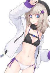 Rule 34 | 1girl, aa-12 (girls&#039; frontline), arm up, armpits, bare shoulders, bikini, black bikini, black headwear, blue eyes, blue nails, blush, breasts, bright pupils, buckle, character name, cleavage, closed mouth, cowboy shot, dan (kumadan), detached collar, dutch angle, eyeshadow, girls&#039; frontline, gluteal fold, hair ornament, jacket, long hair, long sleeves, looking at viewer, makeup, md5 mismatch, mismatched bikini, nail polish, open clothes, open jacket, purple ribbon, resolution mismatch, ribbon, side-tie bikini bottom, simple background, small breasts, snap-fit buckle, solo, source larger, star (symbol), star hair ornament, swimsuit, twitter username, white background, white bikini, white jacket, zipper, zipper pull tab