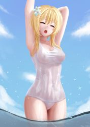 Rule 34 | 1girl, absurdres, arms up, blonde hair, blue sky, breasts, cleft of venus, closed eyes, collarbone, covered erect nipples, covered navel, flower, genshin impact, hair flower, hair ornament, highres, lumine (genshin impact), medium breasts, one-piece swimsuit, open mouth, partially submerged, school swimsuit, see-through, short hair with long locks, sky, solo, stretching, swimsuit, thighs, wading, wet, wet clothes, wet swimsuit, white flower, white one-piece swimsuit, z282g