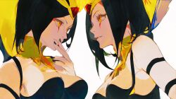 Rule 34 | 2girls, bare shoulders, black hair, black nails, breasts, cleavage, face-to-face, finger to mouth, hair ornament, highres, jian tai (cuoyu0), large breasts, league of legends, leblanc (league of legends), looking at another, makeup, medium breasts, multiple girls, short hair, simple background, upper body, white background, yellow eyes
