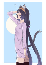 Rule 34 | 1girl, animal ear fluff, animal ears, arm up, black hair, black thighhighs, cat ears, cat girl, cat tail, cowboy shot, closed eyes, from side, hair ribbon, hand in own hair, karyl (princess connect!), long hair, long sleeves, low twintails, mask, mask on head, open mouth, pajamas, princess connect!, profile, purple ribbon, ribbon, saiste, simple background, sleep mask, sleepy, solo, tail, tears, thighhighs, twintails, very long hair, yawning