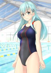 Rule 34 | 1girl, absurdres, alternate costume, aqua eyes, aqua hair, black one-piece swimsuit, breasts, commentary request, competition swimsuit, hair ornament, hairclip, highres, indoors, kantai collection, long hair, looking at viewer, medium breasts, multicolored clothes, multicolored swimsuit, one-piece swimsuit, parted lips, pool, smile, solo, suzuya (kancolle), swimsuit, takafumi