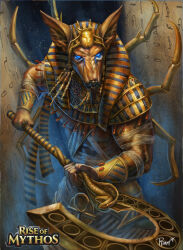 Rule 34 | 1other, andy timm, animal head, anubis (mythology), artist name, blue eyes, commentary, copyright name, egyptian, egyptian clothes, egyptian mythology, english commentary, glowing, glowing eyes, holding, holding staff, rise of mythos, solo, staff, watermark