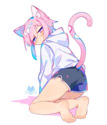 Rule 34 | 1boy, animal ear fluff, animal ears, artist logo, artist name, barefoot, black shorts, blue eyes, cat boy, cat ears, cat tail, chromatic aberration, dolphin shorts, feet, from behind, full body, highres, hood, hood down, hoodie, kneeling, legs, looking at viewer, looking back, male focus, original, parted bangs, pink eyes, pink hair, pink tail, raito-kun (uenomigi), shadow, short hair with long locks, short shorts, shorts, sidelocks, simple background, soles, solo, tail, toes, trap, two-tone eyes, uenomigi, white background, white hoodie