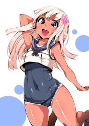 Rule 34 | 10s, 1girl, :d, arm up, armpits, blonde hair, blue eyes, blush, covered navel, crop top, flower, hair flower, hair ornament, kantai collection, long hair, looking at viewer, one-piece tan, oohira sansetto, oohira sunset, open mouth, ro-500 (kancolle), sailor collar, school swimsuit, shiny clothes, shiny skin, sleeveless, smile, solo, swimsuit, swimsuit under clothes, tan, tanline