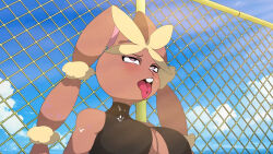 1girl animal_nose bare_shoulders black_sports_bra blue_sky blush body_fur breasts brown_fur buck_teeth chain-link_fence cleavage cleavage_cutout clothing_cutout cloud covered_collarbone creatures_(company) day female_focus fence furry furry_female game_freak gen_4_pokemon grapeanime half-closed_eyes hot large_breasts long_ears looking_afar looking_up lopunny mature_female mega_lopunny mega_pokemon nintendo open_mouth outdoors pink_eyes pokemon pokemon_(creature) rabbit_ears rabbit_girl raised_eyebrows sky solo sports_bra sweat teeth tongue tongue_out two-tone_fur upper_body yellow_fur