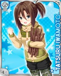 Rule 34 | 1girl, blue background, brown hair, buttons, camouflage, card, character name, clenched hand, firewood, girlfriend (kari), grey eyes, holding, iwamoto tatsuru, jacket, leggings, official art, ponytail, qp:flapper, shorts, smile, solo, standing, v-shaped eyebrows