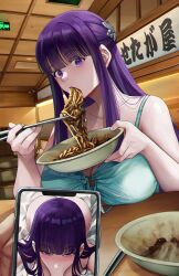 Rule 34 | 1boy, 1girl, :&gt;=, bowl, breast rest, breasts, cellphone, cellphone photo, chopsticks, commission, eating, fern (sousou no frieren), food, highres, holding, holding bowl, holding chopsticks, holding phone, implied fellatio, inkspirate, large breasts, looking at viewer, noodles, phone, pov across table, smartphone, sousou no frieren