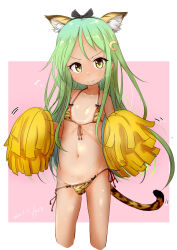 1girl absurdres animal_ears animal_print bikini crescent crescent_hair_ornament cropped_jacket flat_chest front-tie_bikini_top front-tie_top fyuo green_eyes green_hair hair_ornament highres holding holding_pom_poms kantai_collection long_hair micro_bikini nagatsuki_(kancolle) navel orange_bikini oversized_gloves pom_pom_(cheerleading) pom_poms side-tie_bikini_bottom solo standing swimsuit tail tan tanline tiger_ears tiger_print tiger_tail two-tone_background