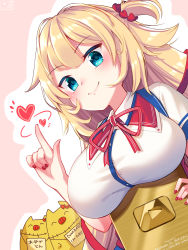 Rule 34 | &gt;:), 1girl, akai haato, akai haato (1st costume), aqua eyes, blonde hair, breast rest, breasts, dutch angle, evil smile, finger twirl, haaton (akai haato), hair flaps, hair ornament, hair ribbon, heart, heart hair ornament, highres, hololive, index finger raised, large breasts, light blush, long hair, looking at viewer, magowasabi, neck ribbon, one side up, red ribbon, ribbon, smile, solo, v-shaped eyebrows, very long hair, virtual youtuber, youtube creator award, youtube logo