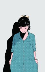 Rule 34 | 1girl, black hair, blue shirt, blunt bangs, blush, bracelet, breast pocket, buttons, closed eyes, closed mouth, collared shirt, grey background, highres, hosoo, jewelry, long shirt, original, pocket, polka dot, polka dot shirt, shadow, shirt, shirt pocket, short hair, simple background, sleeves rolled up, solo, standing, translation request, wing collar