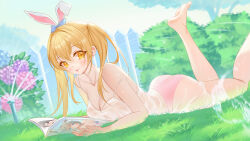 Rule 34 | 1girl, absurdres, animal ears, artist request, ass, bare shoulders, barefoot, blonde hair, book, breasts, cleavage, collarbone, copyright request, grass, hair between eyes, highres, large breasts, legs up, long hair, looking at viewer, lying, on stomach, panties, pink panties, rabbit ears, see-through, tongue, tongue out, twintails, underwear, yellow eyes