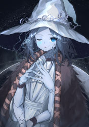 Rule 34 | 1girl, bad id, bad pixiv id, blue eyes, blue hair, blue skin, breasts, cloak, colored skin, cracked skin, doll joints, dress, elden ring, extra arms, extra faces, fur cloak, glowing tattoo, hat, highres, joints, large hat, lazu0721, long hair, looking at viewer, one eye closed, parted bangs, parted lips, ranni the witch, small breasts, solo, white dress, white hat, witch, witch hat