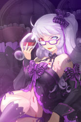 Rule 34 | 1girl, arbiter cabernet, bare shoulders, blood, bow, breasts, cup, detached sleeves, frills, glasses, hair ribbon, heterochromia, long hair, lowres, markings, navel, panties, pillow, purple-framed eyewear, red eyes, ribbon, sitting, solo, sword girls, thighhighs, tongue, twintails, underwear, vampire, white eyes, white hair