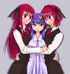 Rule 34 | &gt;:o, 3692materia, 3girls, :o, alternate hair length, alternate hairstyle, bat wings, bespectacled, blunt bangs, blush, breasts, collarbone, collared shirt, commentary request, crescent, crescent hair ornament, dress, dress shirt, dual persona, glasses, grabbing, grabbing another&#039;s breast, grey background, hair ornament, head wings, highres, hug, koakuma, long hair, long sleeves, looking at another, medium breasts, multiple girls, necktie, no headwear, patchouli knowledge, purple dress, purple eyes, purple hair, red eyes, red hair, shirt, short hair, sidelocks, simple background, skirt, skirt set, smile, striped clothes, striped dress, touhou, v-shaped eyebrows, vertical stripes, very long hair, vest, white shirt, wings, yuri