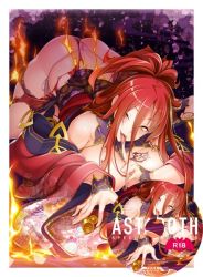 Rule 34 | 1girl, ass, astaroth (taimanin asagi), breast tattoo, breasts, earrings, heart, heart tattoo, huge breasts, jewelry, lilith-soft, long hair, panties, potion (moudamepo), red hair, saliva, side-tie panties, taimanin (series), tattoo, thong, tongue, tongue out, torn clothes, underwear, yellow eyes