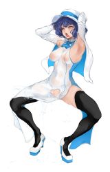 Rule 34 | 1girl, absurdres, ahegao, armpits, arms up, black thighhighs, blue eyes, blue hair, breasts, capelet, covered erect nipples, crotch cutout, dress, full body, hat, high heels, highres, lips, mamimi (mamamimi), medium breasts, peeing, pussy, rolling eyes, saliva, see-through, short hair, sideboob, simple background, solo, spread legs, squatting, suntory, suntory nomu, sweat, teeth, thighhighs, thighs, uncensored, virtual youtuber, wet, wet clothes, wet dress, white background, white footwear, white hat