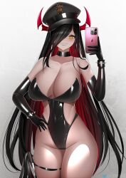 Rule 34 | 1girl, azur lane, black gloves, black hair, black leotard, blush, breasts, cellphone, choker, cleavage, clenched teeth, colored inner hair, elbow gloves, friedrich der grosse (azur lane), gdat, gloves, gradient background, grey background, hair over one eye, hat, highres, horns, large breasts, latex, leotard, looking at viewer, mechanical horns, military hat, multicolored hair, phone, red hair, red horns, simple background, smile, solo, teeth, thigh strap, white background, yellow eyes