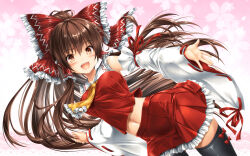 Rule 34 | 1girl, ascot, bare shoulders, black thighhighs, blush, bow, brown eyes, brown hair, detached sleeves, floral background, frilled bow, frilled hair tubes, frills, hair bow, hair tubes, hakurei reimu, kamiya tomoe, long hair, looking at viewer, navel, nipples, open mouth, pink background, red bow, red skirt, ribbon-trimmed sleeves, ribbon trim, skirt, skirt set, smile, solo, thighhighs, touhou, yellow ascot