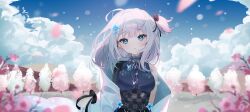 Rule 34 | 1girl, :&lt;, bare shoulders, black bow, black shirt, black skirt, blue eyes, blue sky, bow, breasts, cheli (kso1564), cherry blossoms, closed mouth, commentary, copyright request, day, grey hair, hair bow, highres, jacket, long hair, looking at viewer, medium breasts, one side up, outdoors, shirt, skirt, sky, snow, solo, upper body, virtual youtuber, white jacket