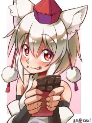 Rule 34 | 1girl, animal ear fluff, animal ears, bare shoulders, blouse, blush, bridal gauntlets, candy, chibi, chocolate, chocolate bar, closed mouth, detached sleeves, food, food on face, hair between eyes, hat, holding, holding chocolate, holding food, inubashiri momiji, jeff17, licking lips, looking at viewer, medium hair, pom pom (clothes), red eyes, shirt, solo, tokin hat, tongue, tongue out, touhou, white hair, white shirt, wolf ears