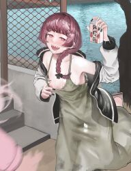 Rule 34 | 2girls, absurdres, alcohol carton, bare shoulders, black jacket, black nails, blush, bocchi the rock!, breasts, brown eyes, brown hair, chain-link fence, clothes pull, collarbone, dress, dress pull, fence, gotoh hitori, green dress, hair over shoulder, hand up, highres, hiroi kikuri, holding carton, jacket, jdep, long dress, long hair, low-braided long hair, low-tied long hair, multicolored clothes, multicolored jacket, multiple girls, nipple slip, nipples, open clothes, open jacket, open mouth, out of frame, outdoors, pink hair, river, sharp teeth, small breasts, solo focus, standing, teeth, two-tone jacket, upper teeth only, water, white jacket