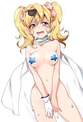 Rule 34 | bad id, bad pixiv id, blonde hair, blush, breasts, cape, contrapposto, covered erect nipples, cowboy shot, daitabashi kinu, drooling, dutch angle, eyewear on head, looking at viewer, medium breasts, naked cape, navel, nude, open mouth, pasties, pussy juice, solo, standing, star pasties, sunglasses, twintails