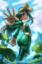 Rule 34 | 1girl, artist name, ass, ass focus, asui tsuyu, bodysuit, boku no hero academia, breasts, cloud, cloudy sky, gloves, green eyes, green hair, highres, long hair, long tongue, looking at viewer, looking back, maron-art, skin tight, sky, small breasts, smile, solo, tongue, tongue out, water, white gloves