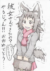 Rule 34 | 1girl, :d, absurdres, animal ears, bag, blush, commentary request, dog ears, dog girl (doitsuken), dog tail, doitsuken, fang, highres, holding, holding bag, long sleeves, looking at viewer, open mouth, original, pleated skirt, red scarf, red skirt, scan, scarf, skirt, smile, solo, tail, thought bubble, traditional media, translation request, trembling