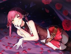 Rule 34 | 1girl, :q, absurdres, bare shoulders, belt, bodystocking, breasts, cleavage, covered navel, flower, gloves, hair ribbon, heart, heterochromia, highres, hololive, houshou marine, leotard, leotard under clothes, on bed, petals, red eyes, red hair, revision, ribbon, rose, rose petals, see-through, see-through cleavage, see-through leotard, skirt, solo, thighhighs, tongue, tongue out, twintails, vest, virtual youtuber, white gloves, yampa, yellow eyes