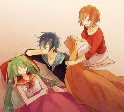 Rule 34 | 1boy, 2girls, akiyoshi (tama-pete), alternate costume, bare arms, bare shoulders, barefoot, blanket, blue jacket, breasts, brown hair, closed eyes, covering with blanket, elbow rest, expressionless, full body, gradient background, green hair, grey hair, hair ribbon, hatsune miku, jacket, kaito (vocaloid), long hair, long sleeves, looking at another, medium breasts, meiko (vocaloid), multiple girls, open mouth, pillow, polka dot, pom pom (clothes), red eyes, red shirt, ribbon, sailor collar, seiza, shadow, shirt, short hair, simple background, sitting, skirt, sleeping, sleepy, small breasts, smile, twintails, vocaloid, white shirt, yellow ribbon